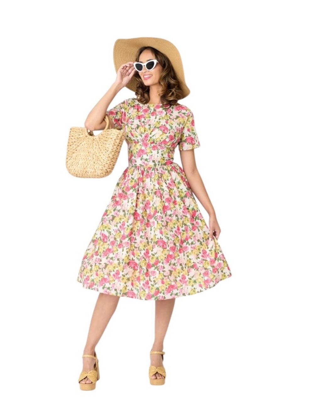 Unique Vintage Women's Boat Neck Swing Dress Yellow & Pink Floral Sz Medium